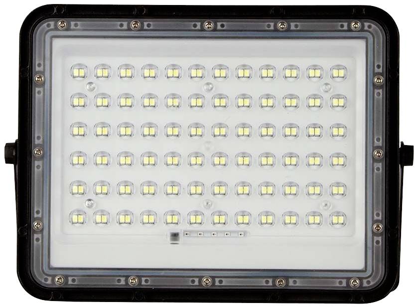 Projecteur LED avec boîtier rectangulaire et plusieurs petits champs lumineux jaunes sur fond blanc. Idéal pour l'éclairage extérieur.