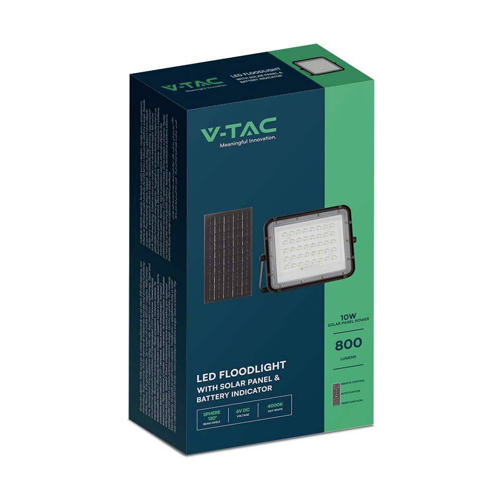 Boîte en carton pour projecteur LED avec panneau solaire et indicateur de batterie ; bleu-vert avec illustration de lumière et de panneau solaire ; 800 lumens, 10W.