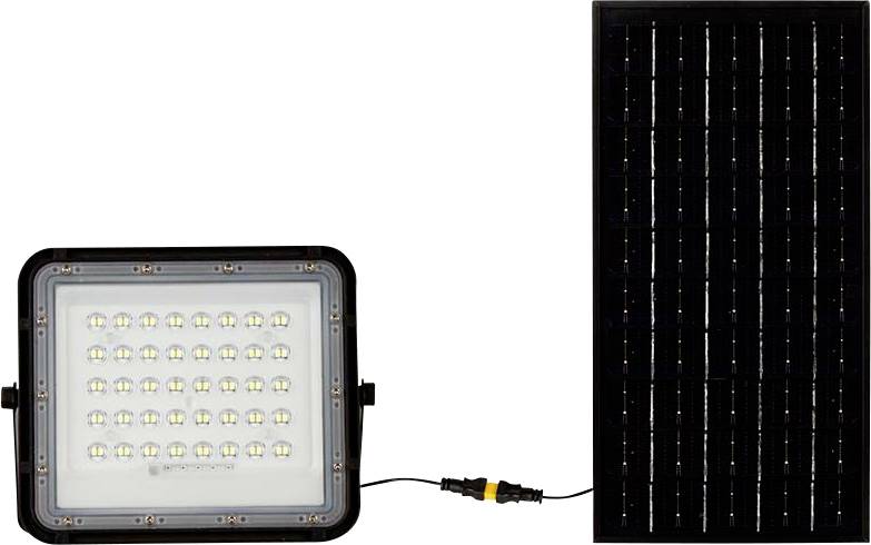 Lampe LED connectée à un panneau solaire. La lampe comporte plusieurs LED et est alimentée par un panneau solaire rectangulaire.