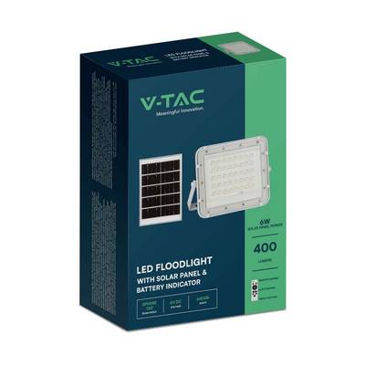 'Emballage d'un projecteur LED V-TAC avec panneau solaire et indicateur de batterie, 400 lumens, capacité solaire de 6W, design vert et blanc.'