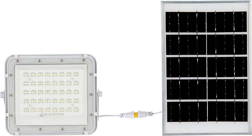 Lampe solaire avec un panneau LED rectangulaire à gauche et un panneau solaire à droite, reliés par un câble. La lampe dispose de 40 LED.