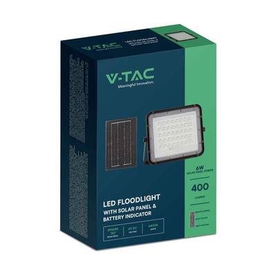 Emballage de 'V-TAC Projecteur LED' avec image du projecteur et du panneau solaire. Texte : 'Installation solaire 6W', '400 lumens', 'Indicateur de batterie'.