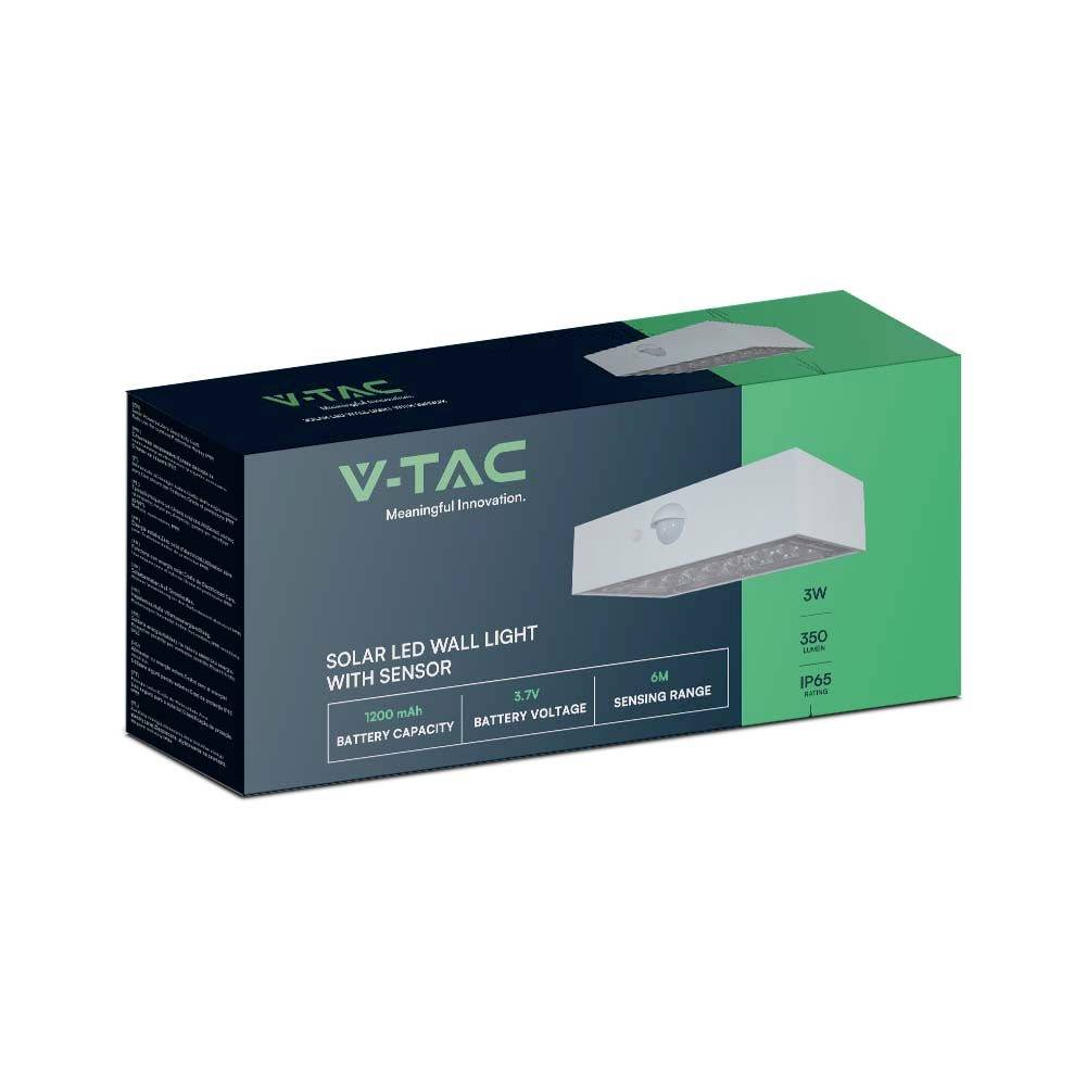 Emballage d'un applique murale solaire LED avec détecteur de V-TAC, présentant une image du luminaire, les spécifications 5W, 350 lm, batterie 1000 mAh, IP65.