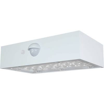 Luminaire LED rectangulaire blanc avec détecteur de mouvement, adapté à l'éclairage extérieur.