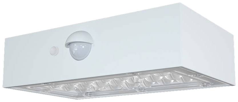 Lampe de plafond blanche avec détecteur de mouvement, forme rectangulaire, dotée d'un couvercle transparent en plastique pour les lumières.