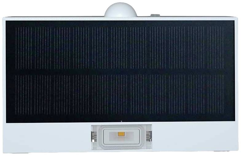 Module solaire avec une petite coupole blanche dessus, probablement un capteur, et un élément rectangulaire éclairé en orange en bas.