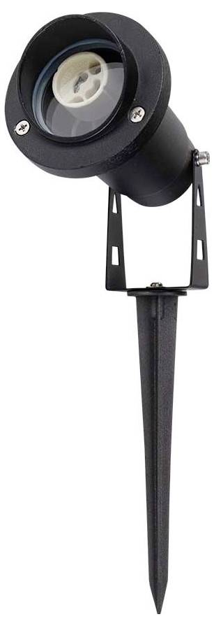 Projecteur LED noir sur tige métallique, adapté aux espaces extérieurs, pour un éclairage d'accentuation des jardins ou des chemins.