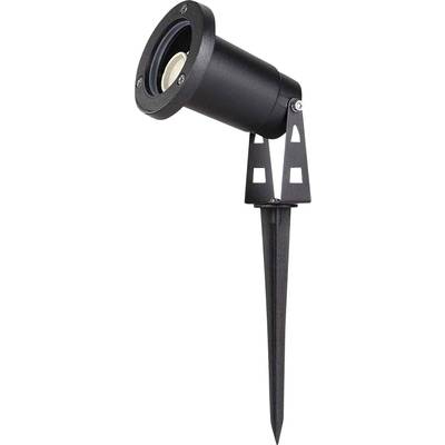 Un projecteur de jardin noir, cylindrique, avec piquet de terre, adapté à l'éclairage extérieur.
