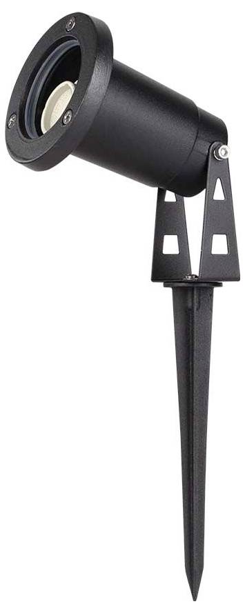 Projecteur d'extérieur noir avec piquet de terre, adapté à l'éclairage de jardin.