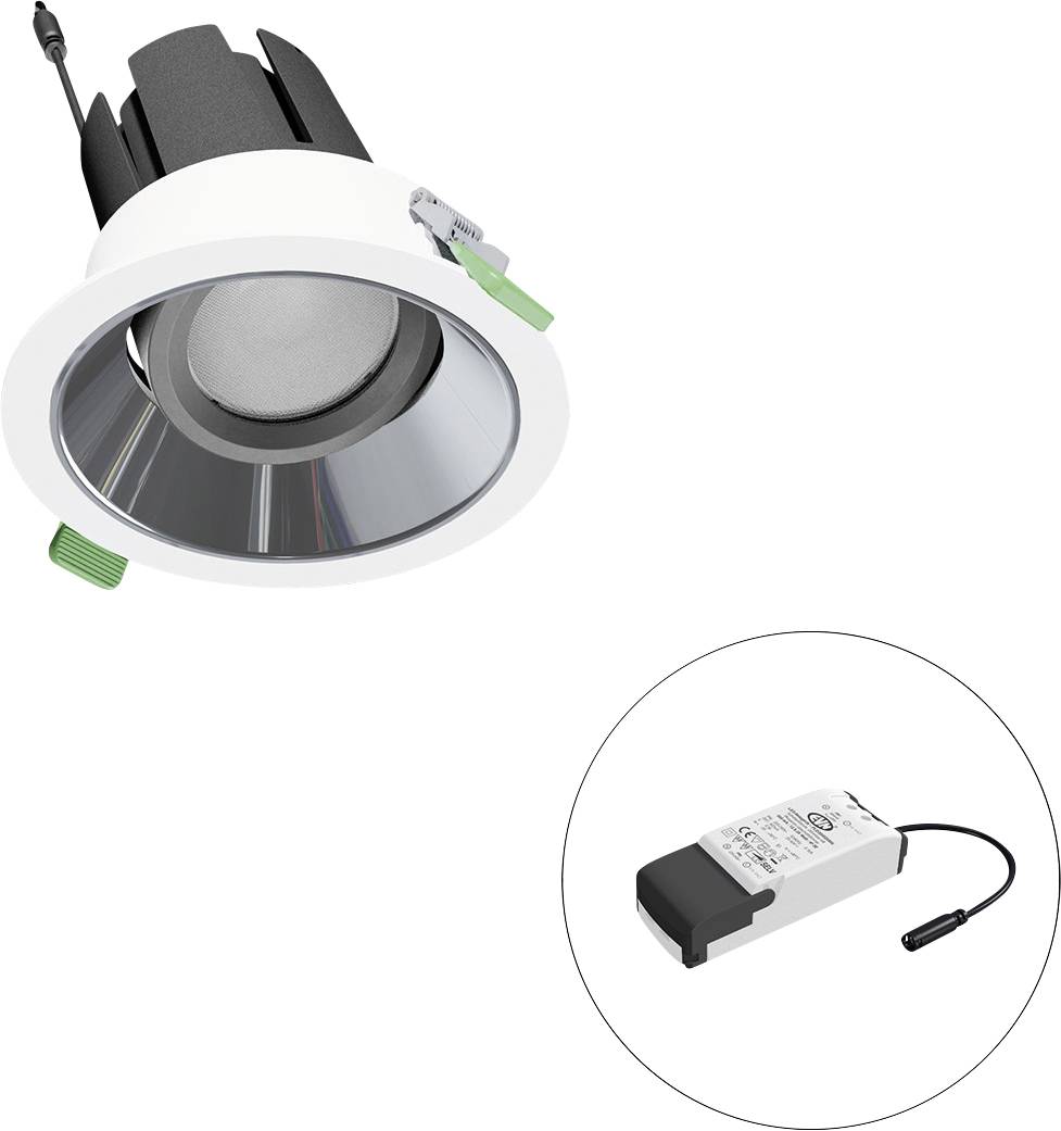 Spot LED encastré avec anneau blanc et réflecteur argenté, présenté avec son driver séparé dans un cercle encadré.