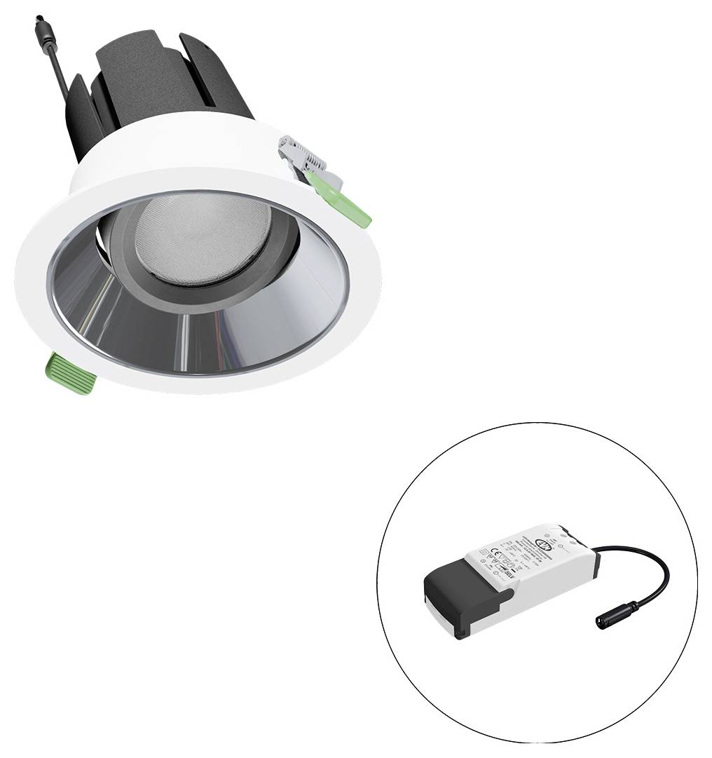 Luminaire encastré au plafond avec garniture ajustable et driver LED inclus montré dans un cercle inséré.