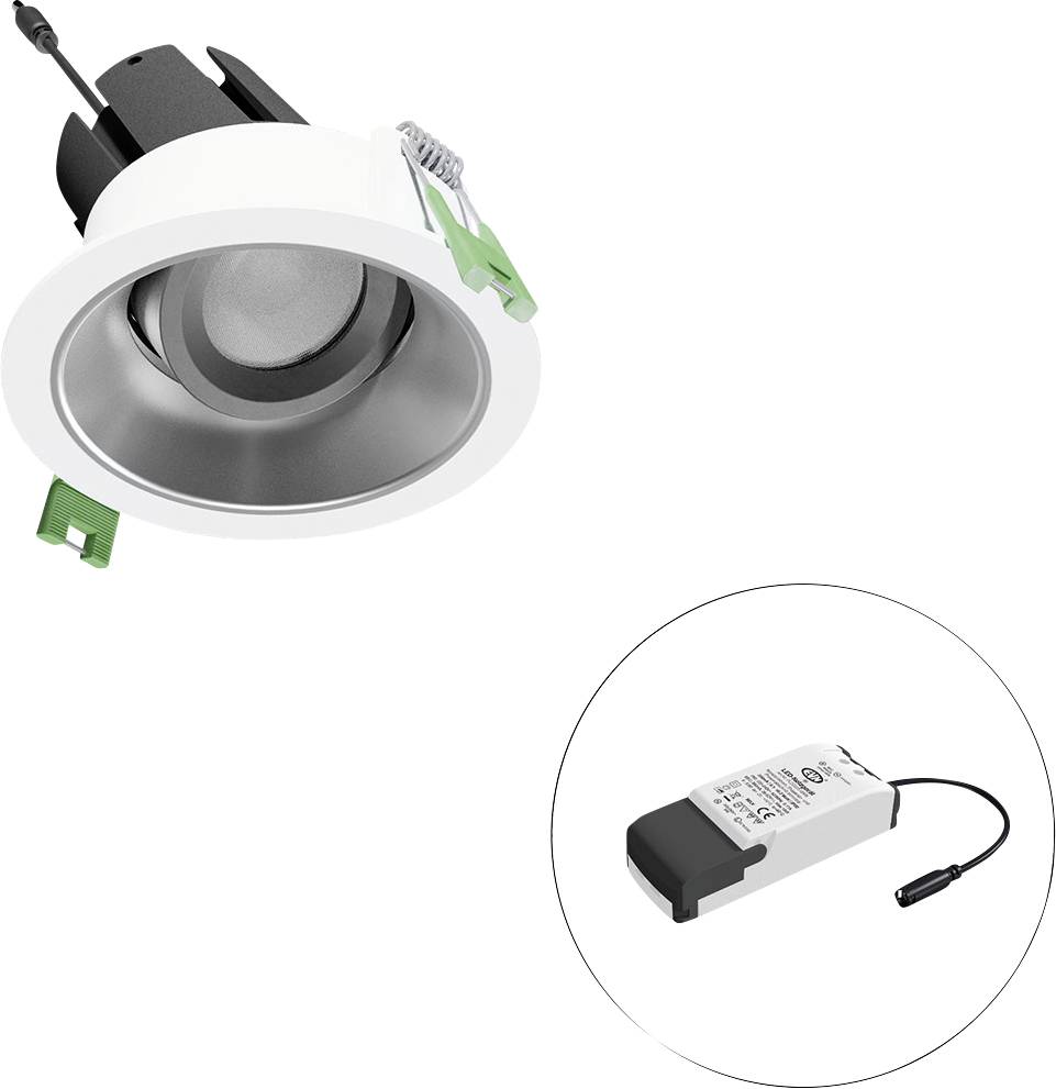 Spot LED encastré blanc avec clips de ressort verts, plus module driver séparé montré dans un encadré circulaire.