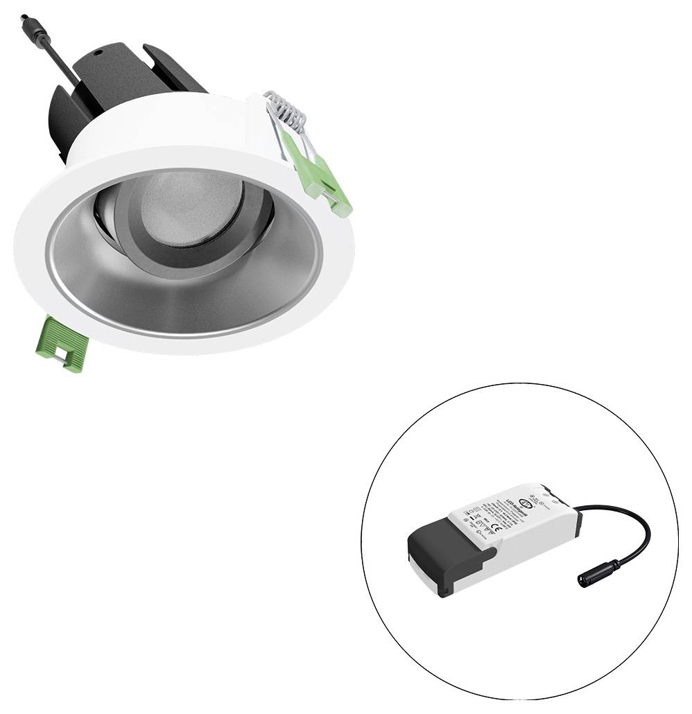 Spot LED encastré avec clips de montage et un driver séparé montré dans un cercle en incrustation.