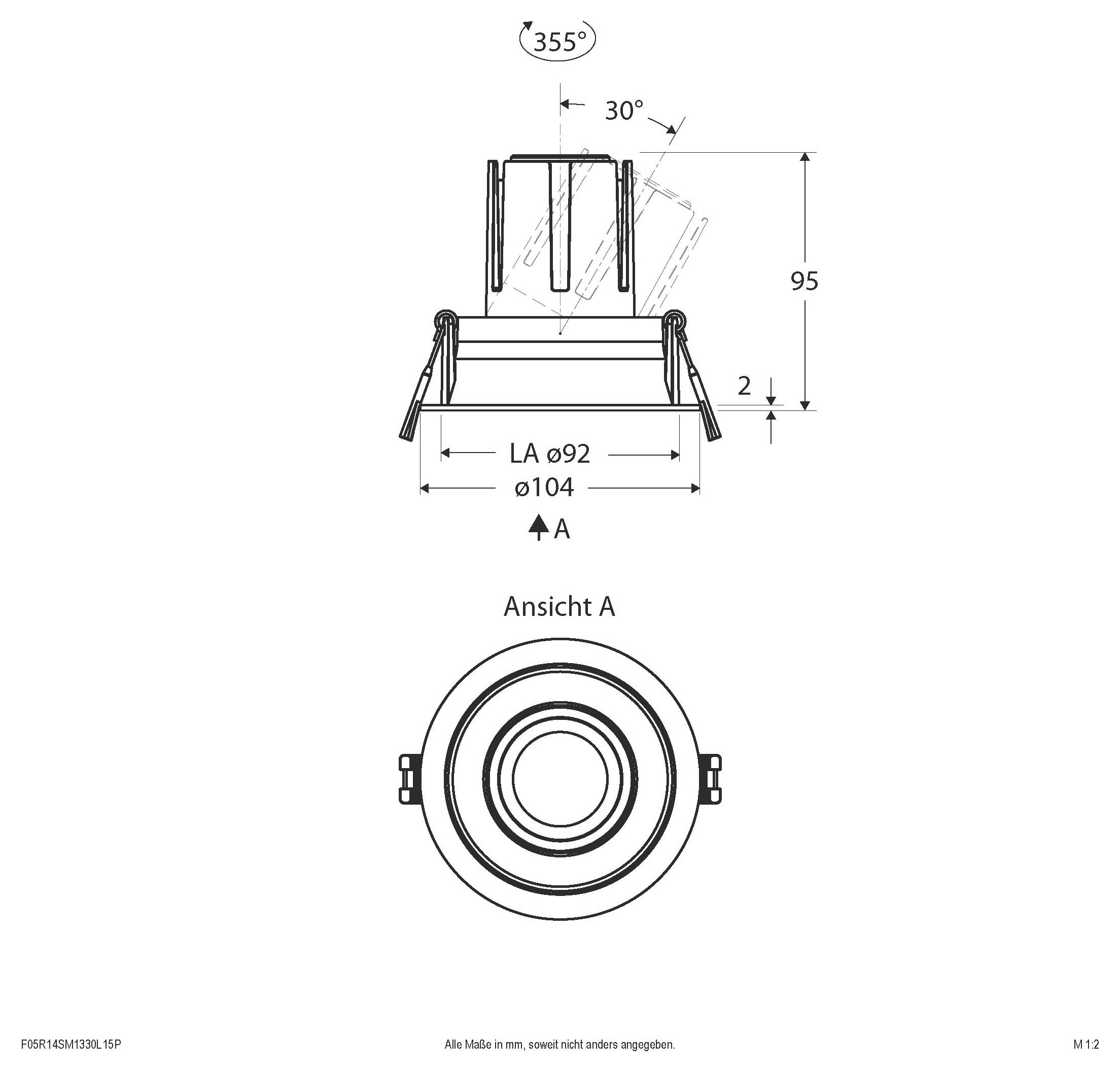 Dessin technique de dimension d'une pièce mécanique circulaire, montrant les vues de côté et de dessus avec des mesures étiquetées : rotation de 355°, inclinaison de 30°, hauteur de 140, base Ø115, montage Ø100, et « Vue A ».