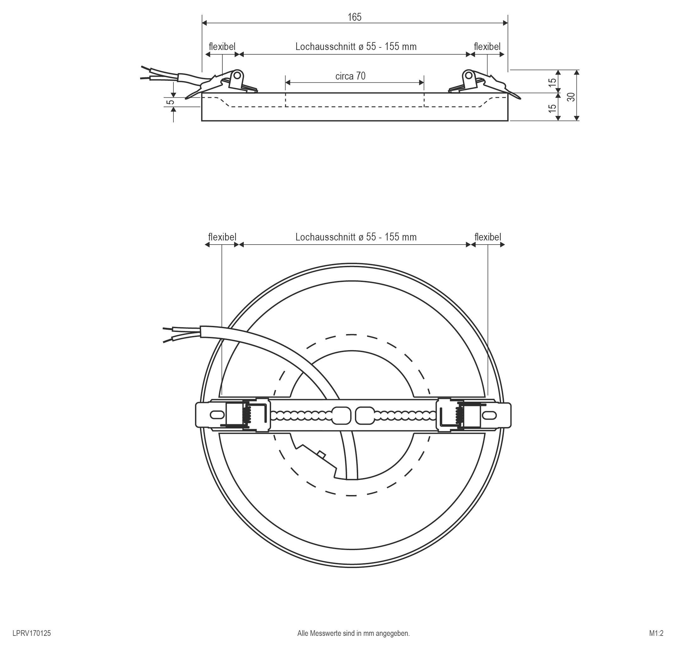 Dessin technique d'un luminaire encastré circulaire, montrant les vues latérale et frontale avec dimensions : hauteur 95 mm, inclinaison 30°, rotation 355°, et diamètres ø92/ø104.