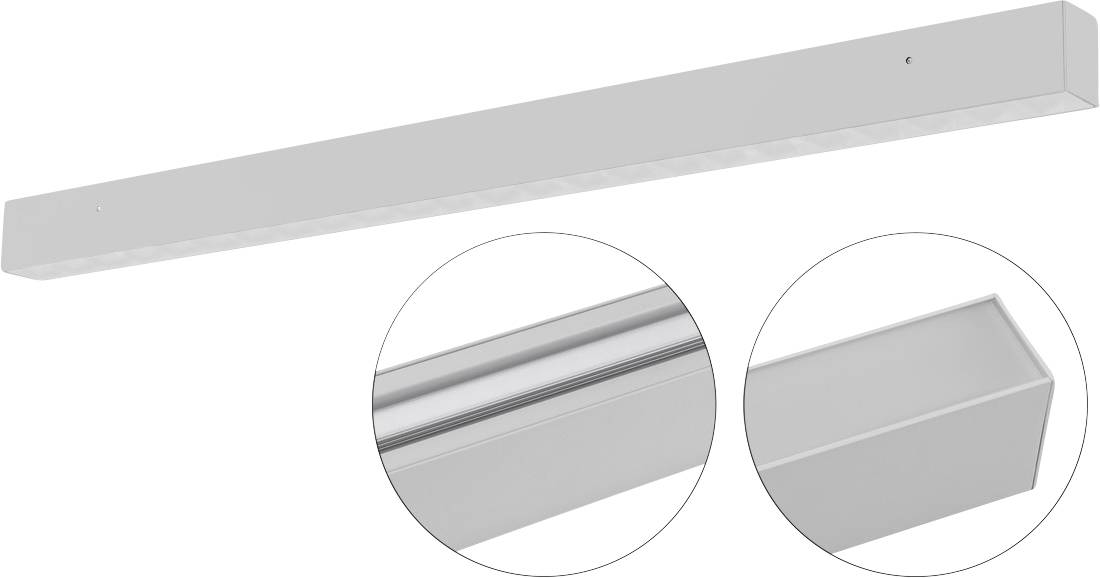 Luminaire de plafond blanc rectangulaire allongé présenté avec deux encarts rapprochés mettant en évidence les détails du dessous et la forme du capuchon d'extrémité.