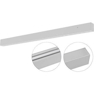 Luminaire de plafond blanc rectangulaire allongé présenté avec deux encarts rapprochés mettant en évidence les détails du dessous et la forme du capuchon d'extrémité.