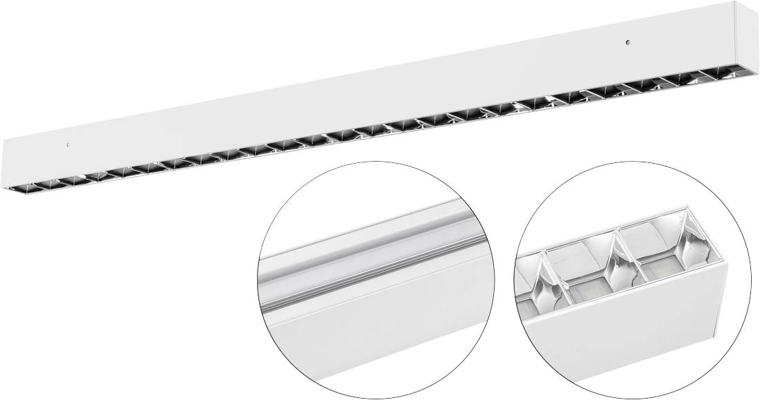 Luminaire linéaire de plafond blanc brillant présenté avec deux gros plans détaillés de sa surface et de son design de réflecteur interne.