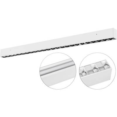 Luminaire linéaire de plafond blanc brillant présenté avec deux gros plans détaillés de sa surface et de son design de réflecteur interne.