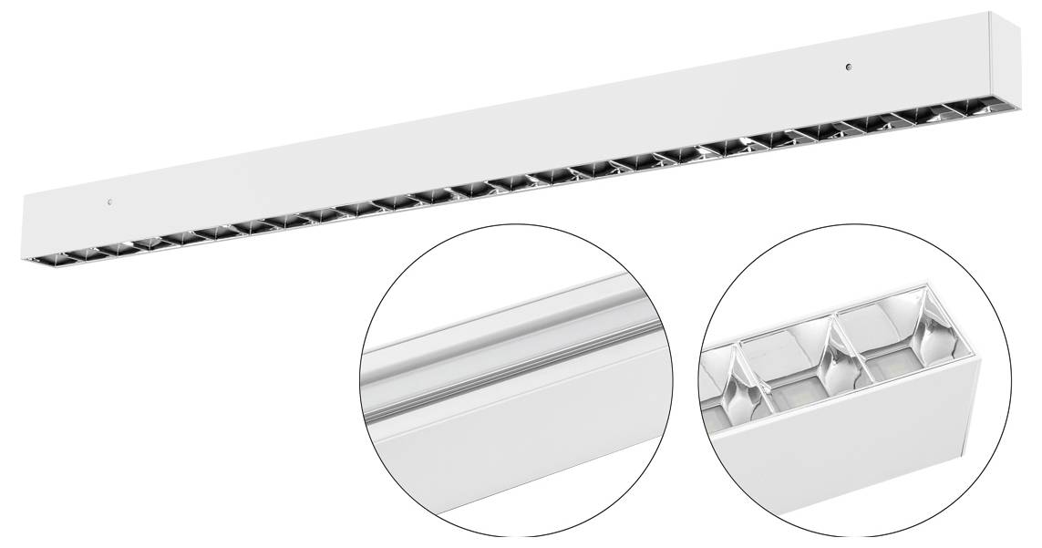 Luminaire LED linéaire blanc avec deux gros plans en encadré montrant le diffuseur et les compartiments réflecteur interne/lampe.