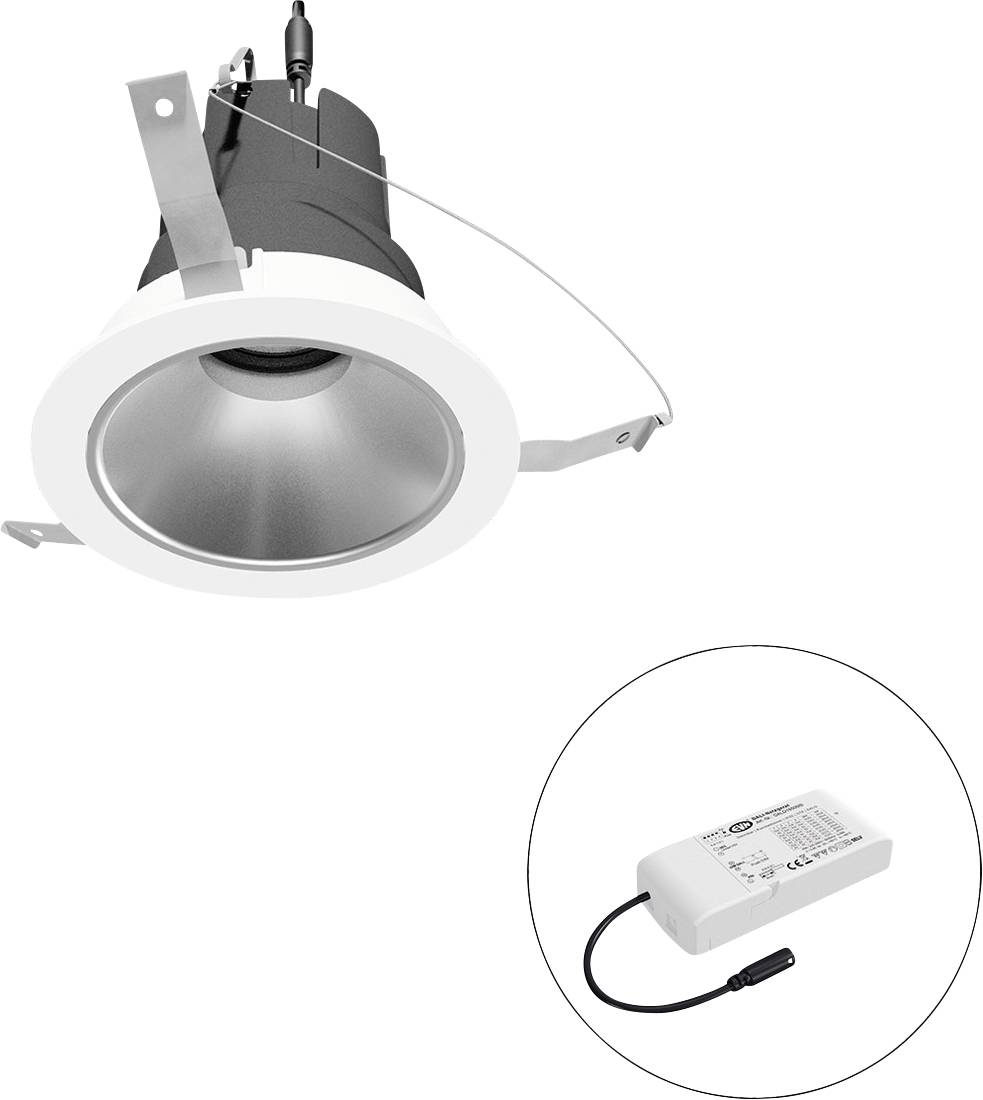 Luminaire encastré au plafond avec rebord blanc et réflecteur argenté, présenté avec un driver LED séparé dans un encart circulaire.