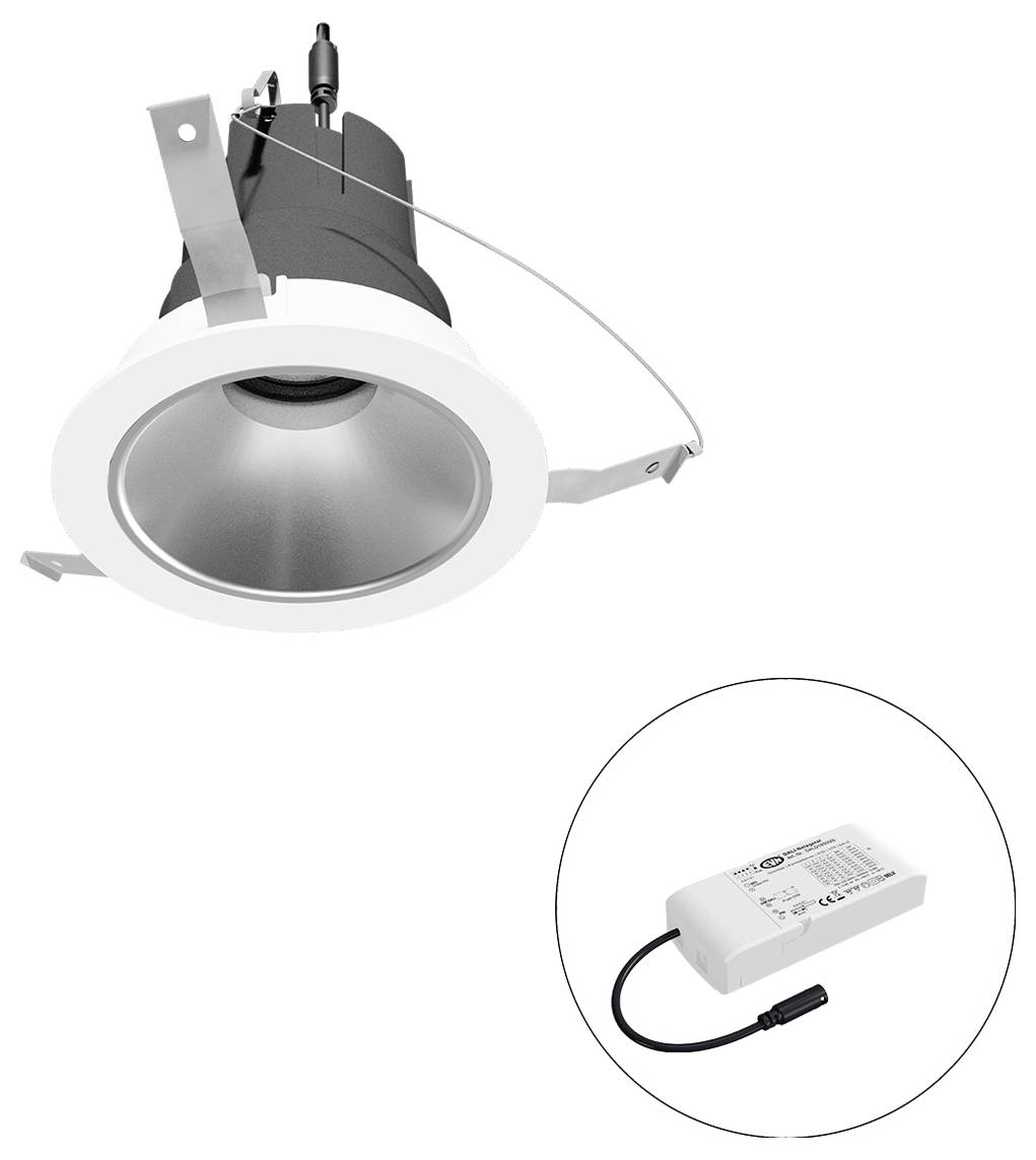 Luminaire encastré LED avec clips de ressort, montré avec un transformateur d'alimentation/inverseur séparé dans une vignette circulaire.