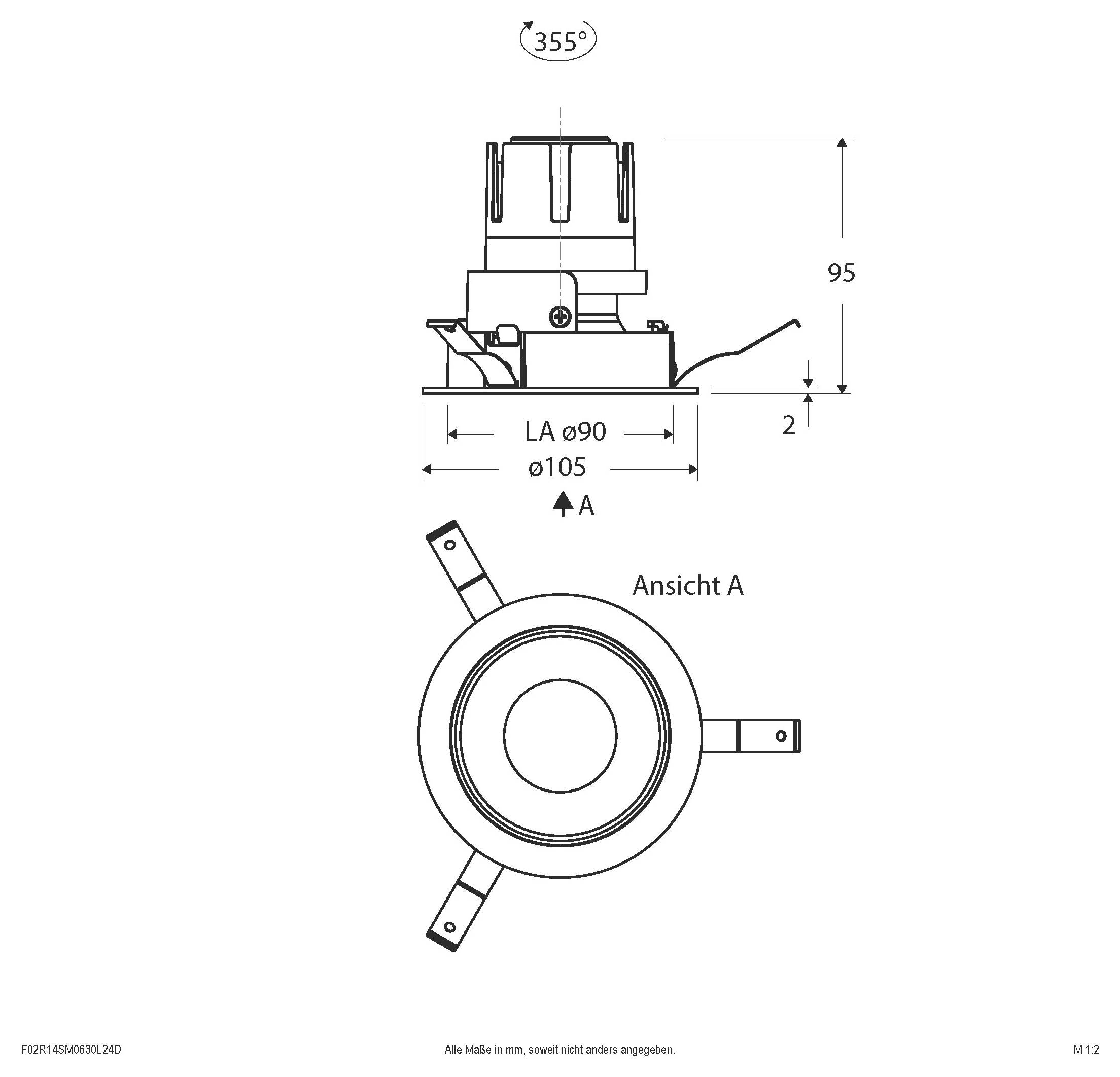 Dessin technique d'un dispositif circulaire : vues de côté et de dessus avec dimensions, incluant une rotation de 355°, une hauteur de 95, un décalage de 2, une découpe de 90 et un diamètre de 105.
