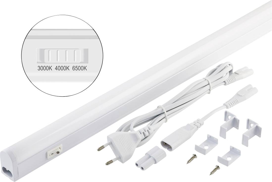 Barre lumineuse LED sous-meuble avec cordon d'alimentation, connecteur, clips de montage et vis ; l'encadré montre le commutateur de température de couleur étiqueté 3000K, 4000K, 6500K.