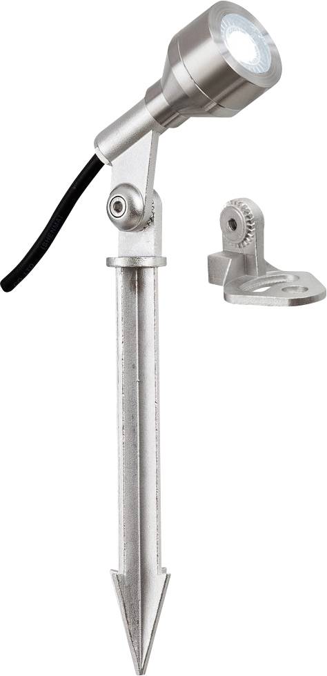 Lampadaire d'extérieur en métal avec tête pivotante réglable, câble d'alimentation attaché et support de montage séparé sur fond blanc