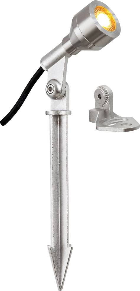 Projecteur de sol en métal avec tête de projecteur réglable et support de montage séparé, présenté sur un fond blanc.