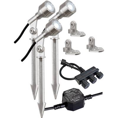 Kit de lumière solaire sur pieu avec trois projecteurs ajustables, trois supports de montage, un diviseur à 3 prises et adaptateur électrique présenté sur fond blanc.
