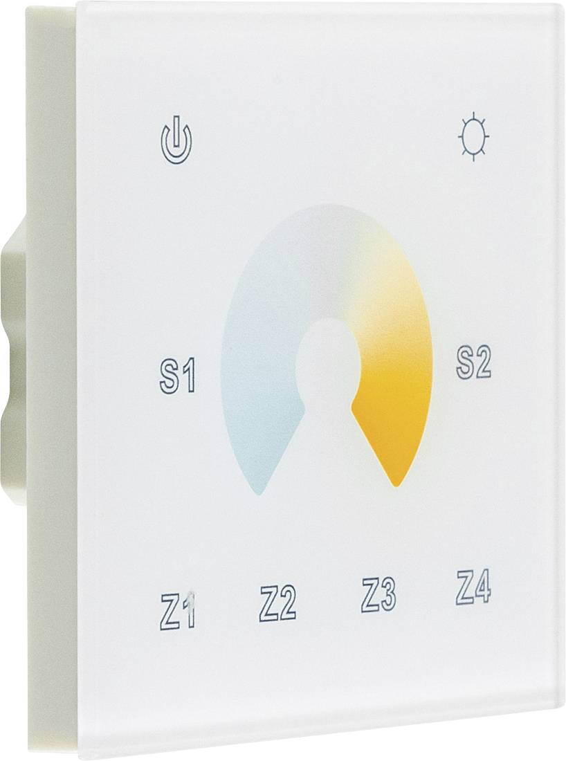 Panneau tactile mural avec icônes d'alimentation et d'éclairage, un cadran central de couleur/luminosité, et des étiquettes S1, S2, Z1-Z4 pour les commandes de zones.