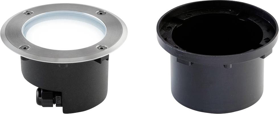 Deux projecteurs encastrés cylindriques au sol : l'un montré de face avec un anneau de finition argenté et un verre transparent, l'autre montré de l'arrière montrant le boîtier noir.