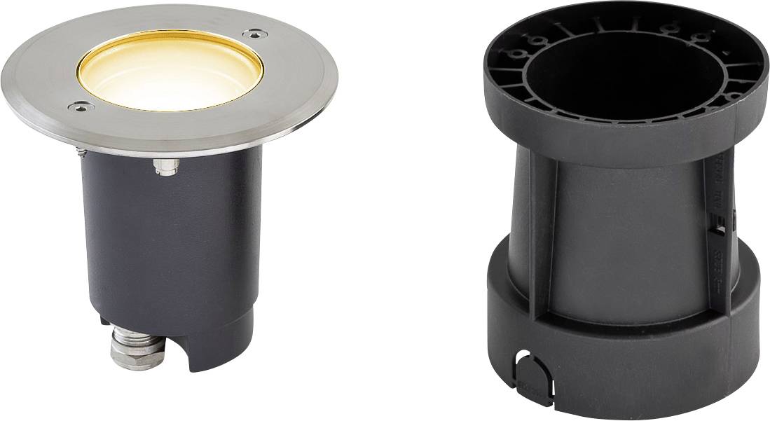 Deux vues d'un luminaire de sol cylindrique noir avec un anneau de finition argenté, montrant l'avant illuminé et le boîtier arrière.
