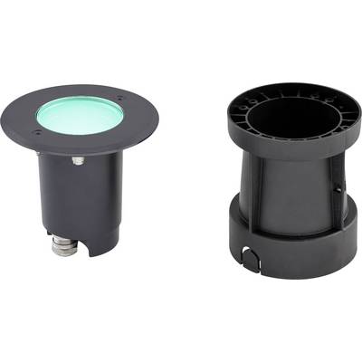 Deux vues d'un luminaire d'éclairage de sol cylindrique noir avec une lentille vert luminescent, montrant le boîtier avant et latéral/arrière.