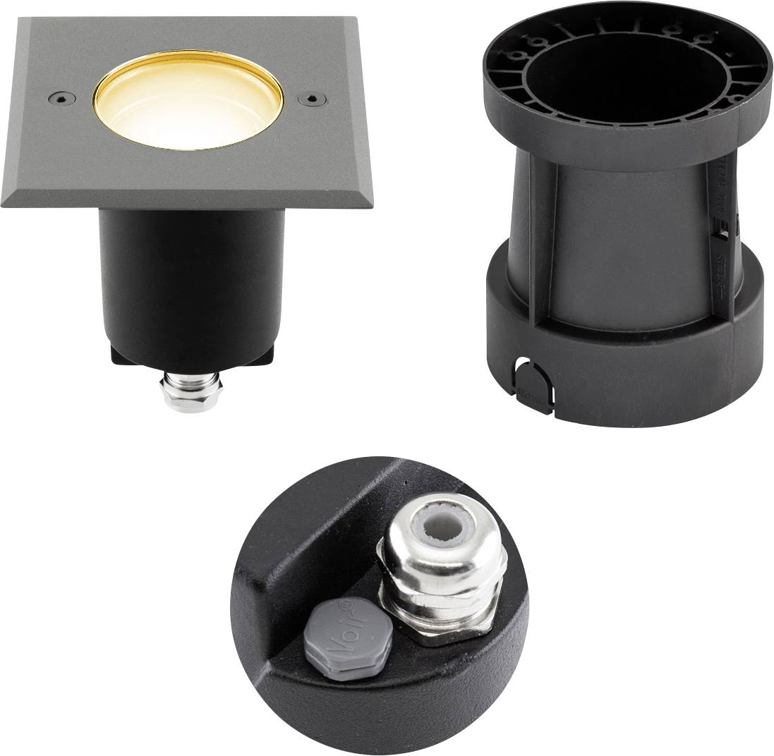Luminaire encastré carré au sol avec boîtier de montage noir montré de face, de côté et gros plan du connecteur électrique.