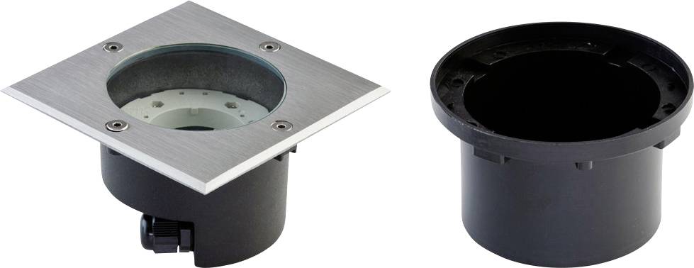 Deux vues d'une prise de sol encastrée : un couvercle carré métallique avec une ouverture circulaire et un boîtier cylindrique noir, ainsi que l'insert noir séparé.