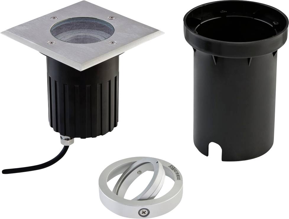 Luminaire de plafond linéaire blanc long avec plusieurs cellules réfléchissantes LED encastrées, montré avec un agrandissement circulaire en gros plan de l'intérieur de la lampe.