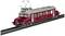 Un train miniature rouge et argent des CFF-SBB sur une voie ferrée, finement détaillé avec caténaire visible et inscriptions.