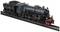 Locomotive à vapeur historique sur des rails. L'avant est noir et brillant avec des détails rouges. La locomotive transporte du charbon.