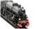 Un modèle noir et détaillé d'une locomotive à vapeur sur des rails, vue de face, portant le numéro '1200'.
