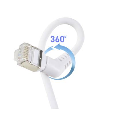 Un câble réseau blanc avec un connecteur pivotant à 360 degrés, symbolisant la flexibilité et les possibilités de connexion polyvalentes.