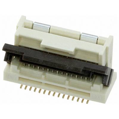 Gros plan d'un connecteur électrique beige avec plusieurs broches dorées et un loquet noir sur le dessus.