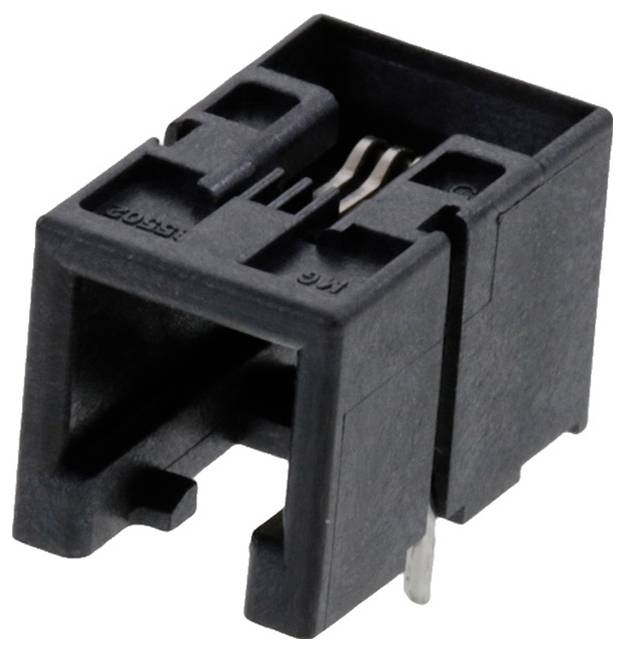 Un connecteur modulaire RJ45 en plastique noir avec des broches de contact en métal, utilisé pour les applications Ethernet ou de télécommunications.