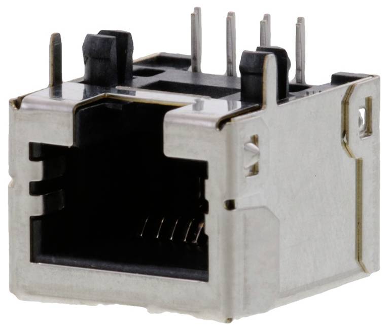 Un connecteur de port Ethernet métallique avec plusieurs broches, utilisé pour la transmission de données et la connectivité réseau dans les appareils électroniques.