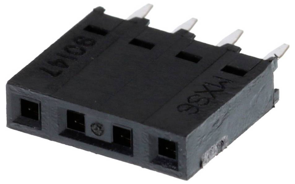 Un connecteur femelle à quatre broches noir avec un design à angle droit, montrant la disposition des broches et le texte « 80147 » et « MX96 » sur sa surface.