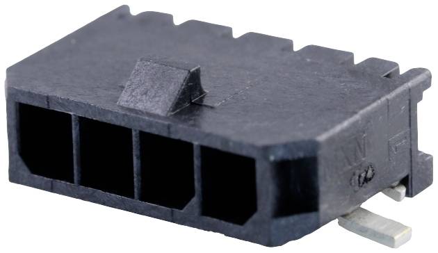 'Connecteur noir en plastique à quatre pôles, vue en perspective de dessus. Il a quatre bornes ouvertes et est rectangulaire.'