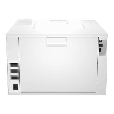 Un copieur ou imprimante laser blanc avec des fentes de ventilation visibles et des connexions sur le côté.