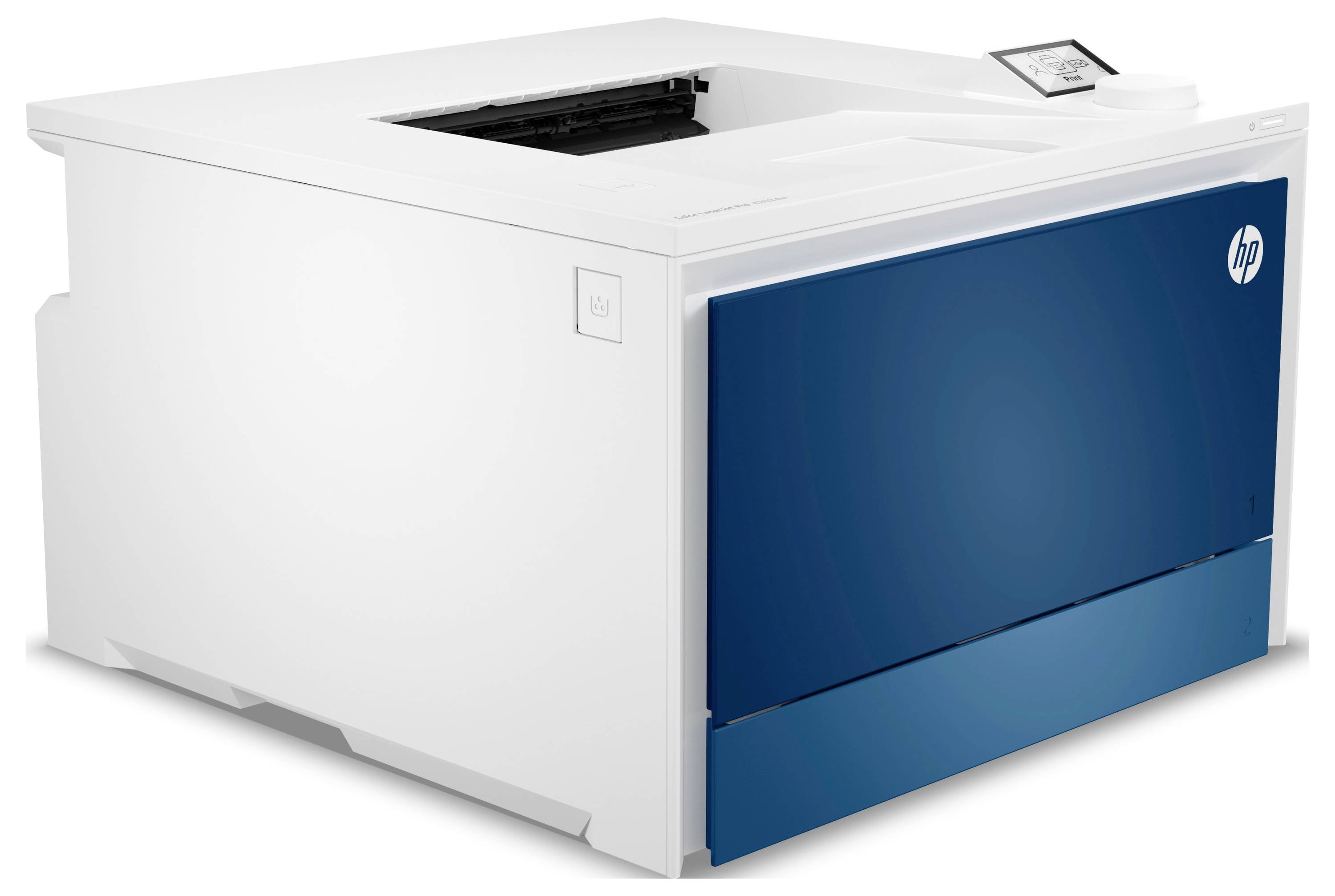 Imprimante de bureau HP blanche avec panneau avant bleu et bac à papier supérieur, présentée sous un angle sur un fond neutre.