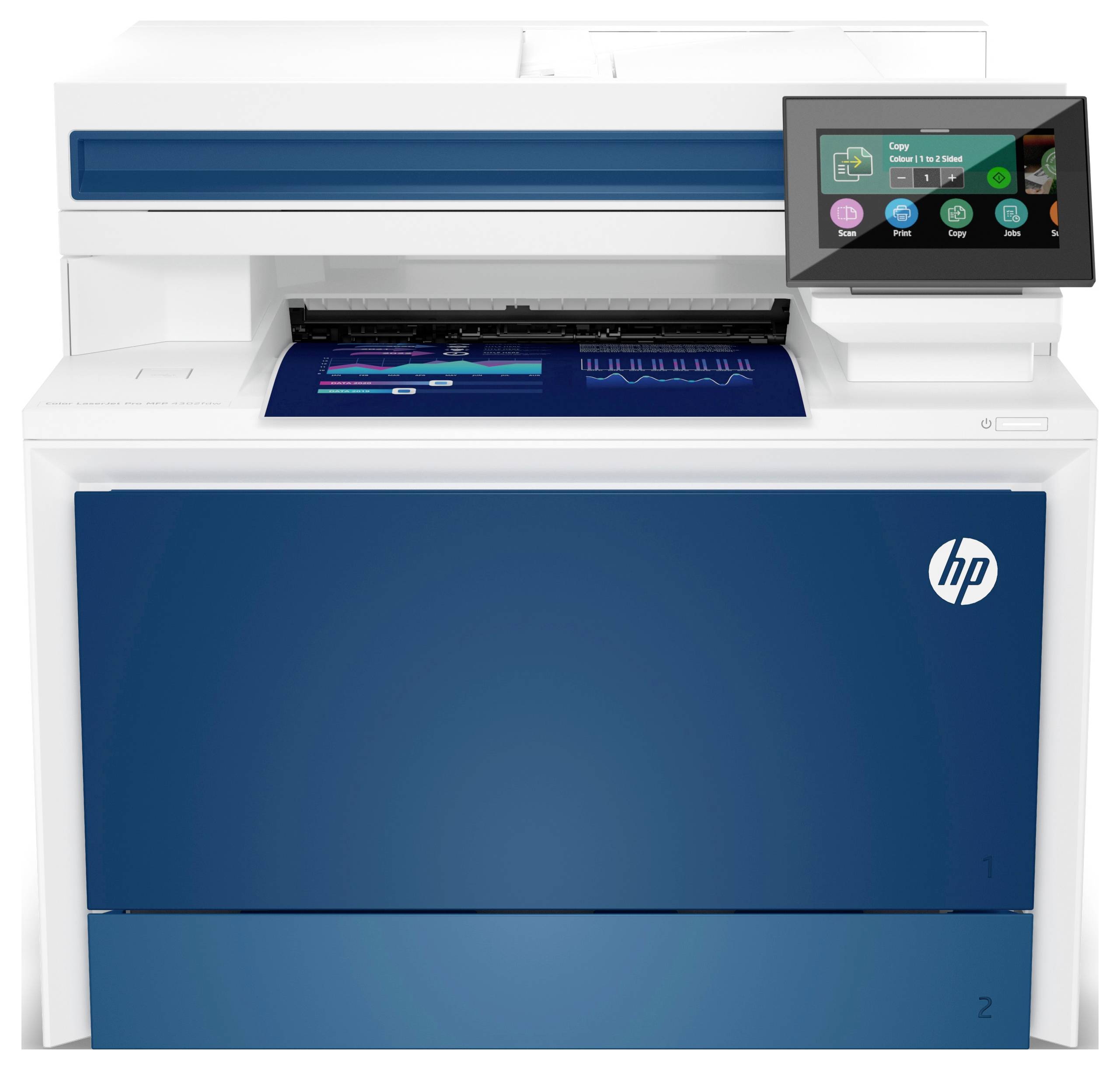Vue de face d'une imprimante multifonction HP avec un panneau de commande à écran tactile et un bac de sortie pour les pages imprimées.
